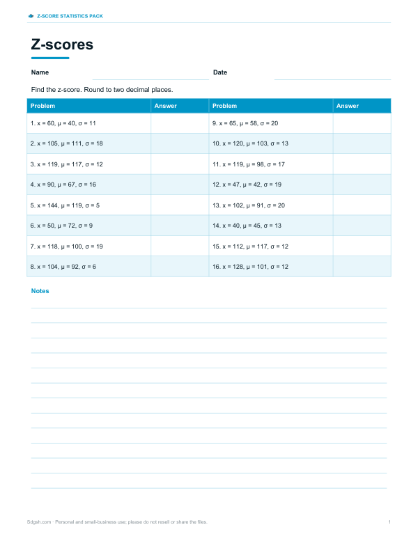 Preview of Printable Z-Score Practice Worksheet